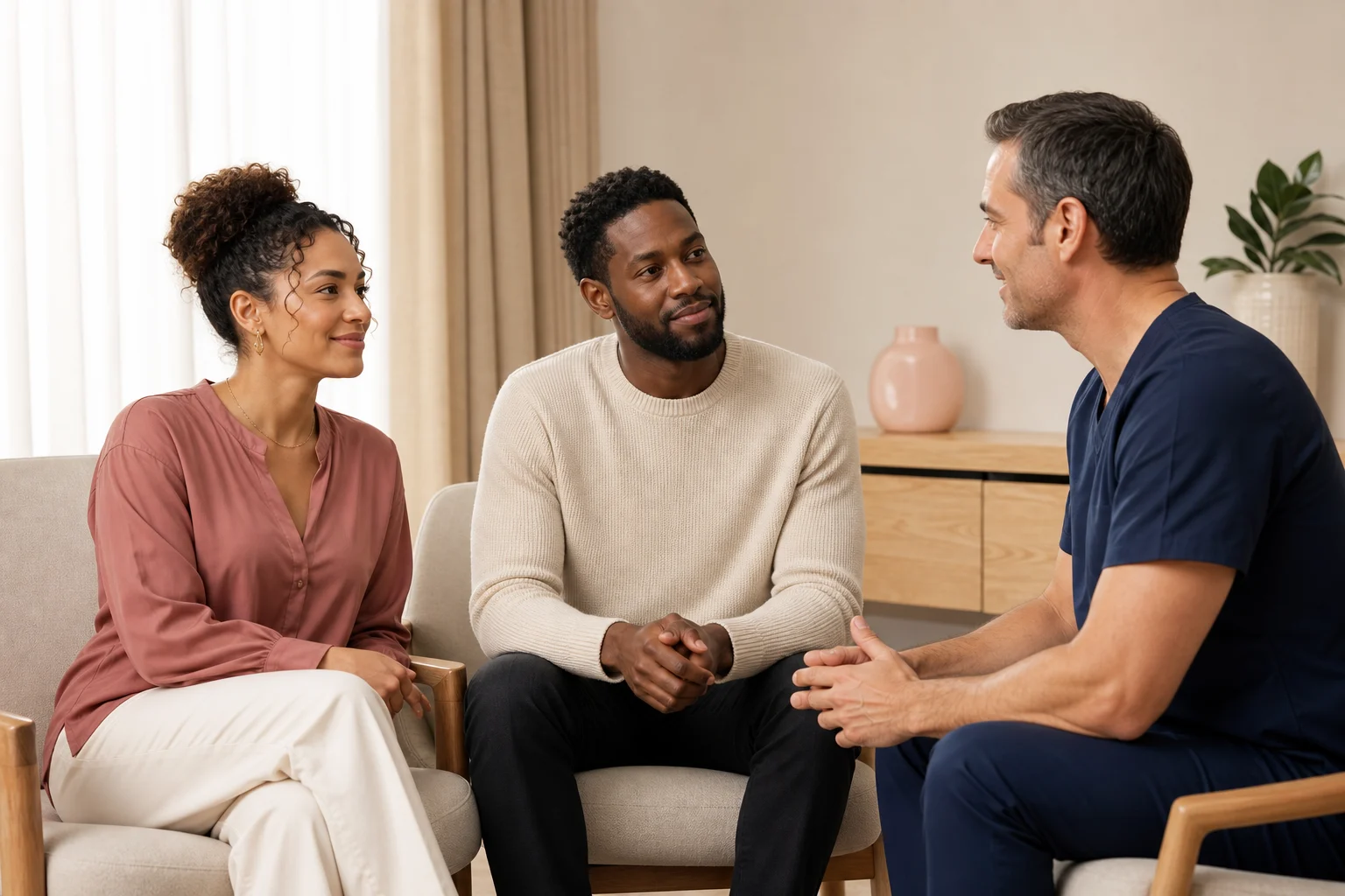 Adult couple discussing partner care with a clinician