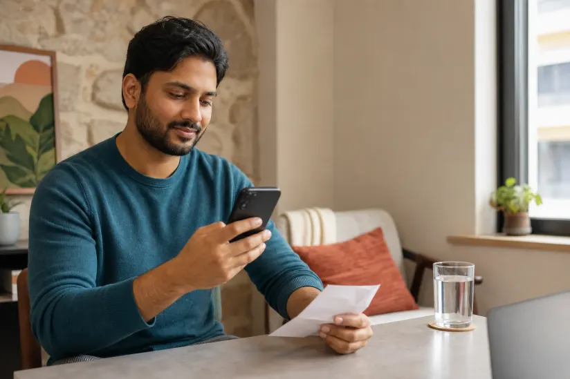 Illustrative adult holding a paper while checking a follow-up message