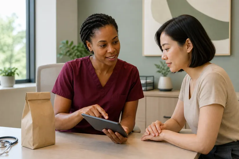 Illustrative clinician and patient reviewing a treatment plan on a tablet