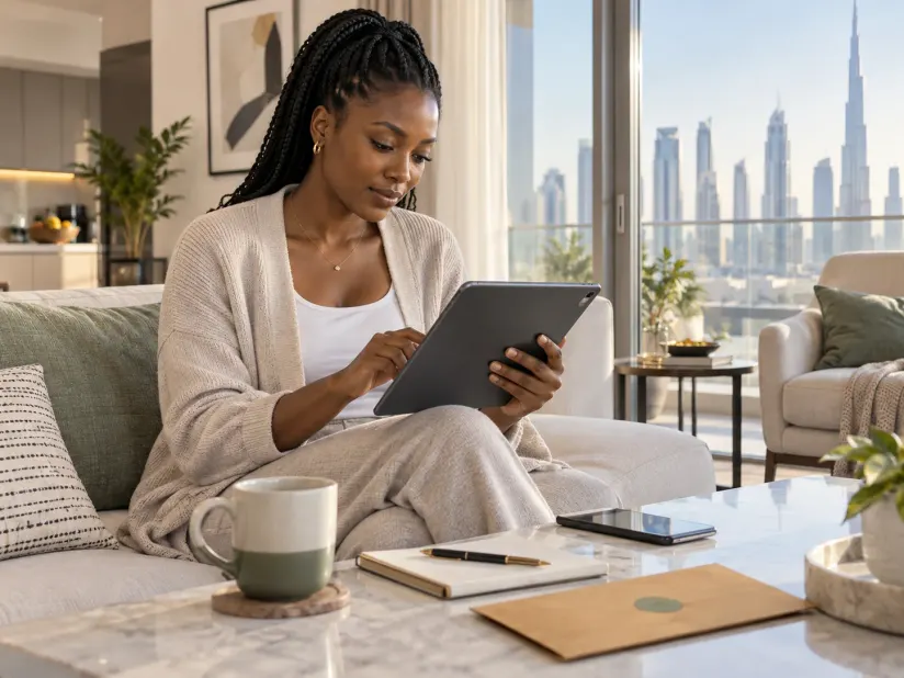 Illustrative adult using a tablet beside a notebook for follow-up planning